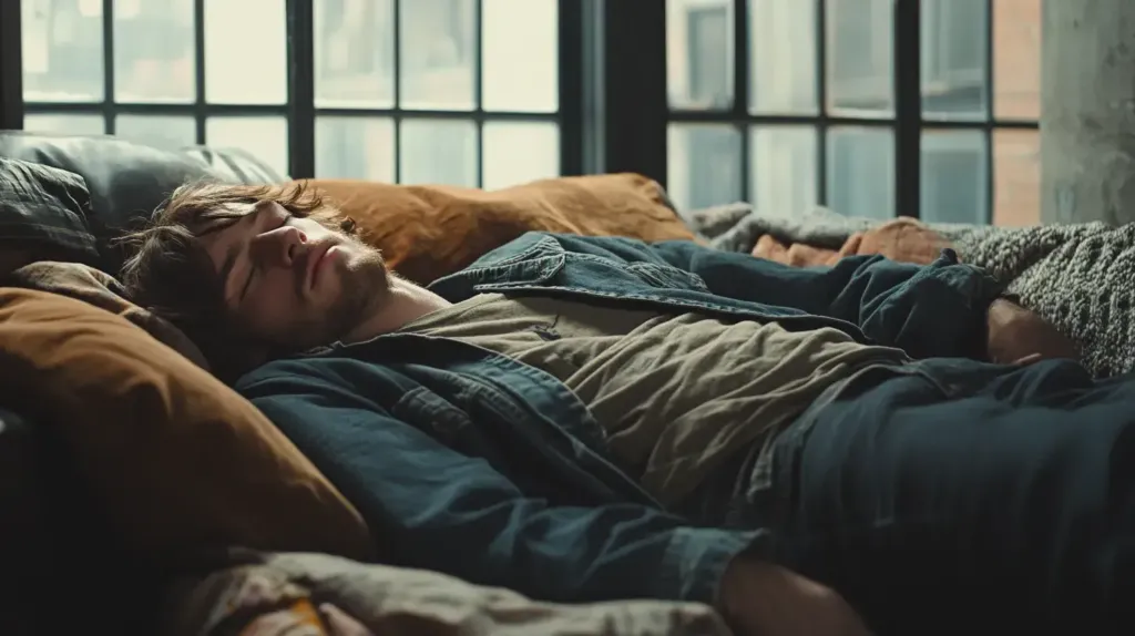 cette image montre un homme en train de dormir 