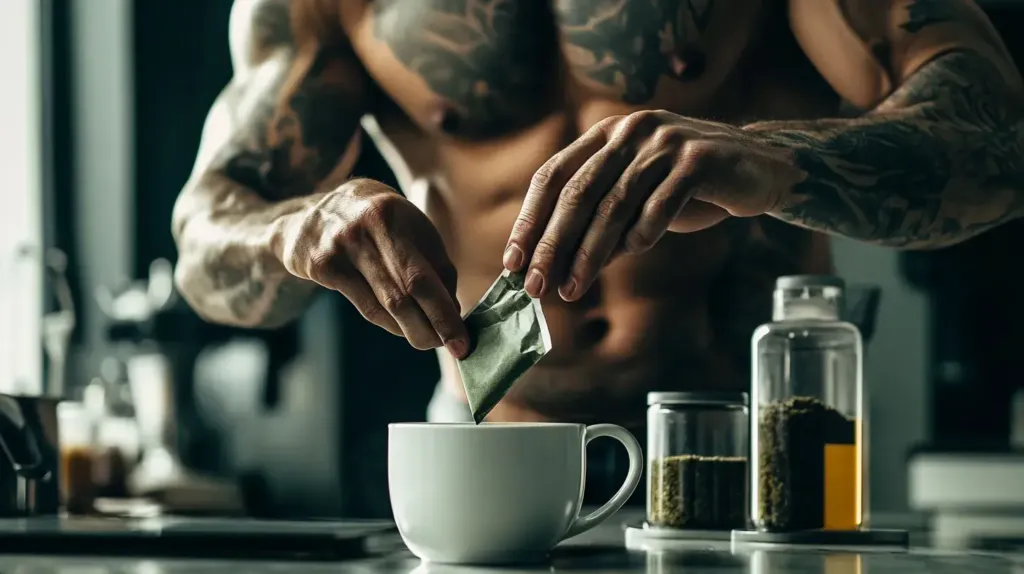 cette image montre un homme musclé en train de se préparer un thé vert pour maigrir