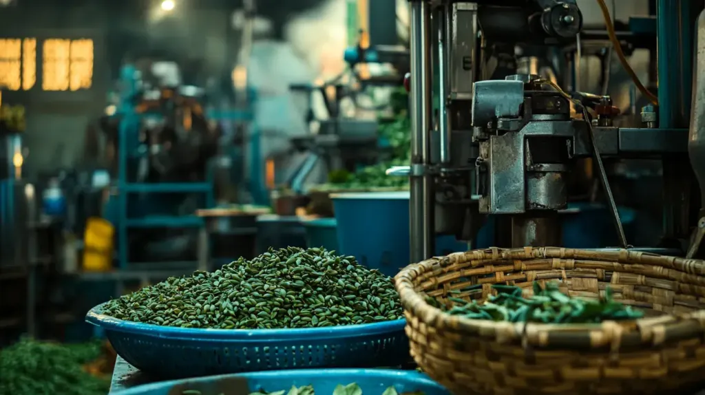cette image montre des feuilles de moringa dans un panier juste avant qu'elle ne soient broyer 