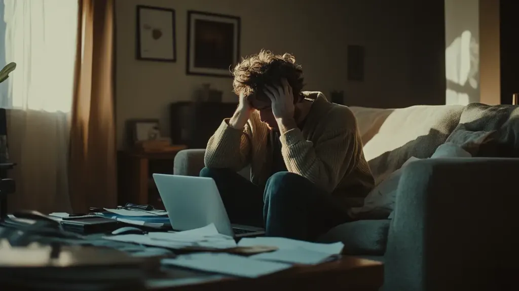 homme stressé qui se tient la tête dans son sofa 