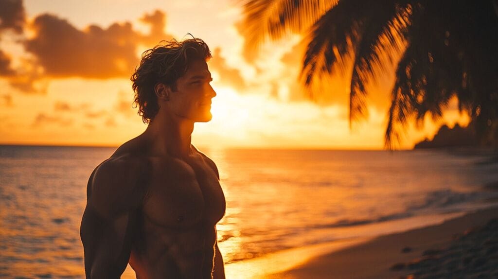 cette image montre un homme blanc musclé sur la plage 