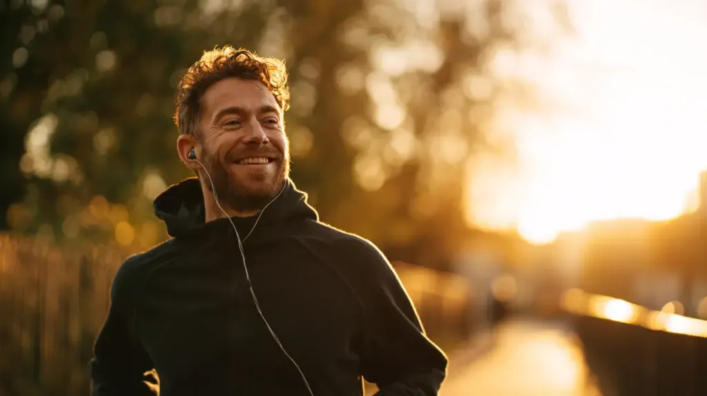 Un homme en sweat noir fais du running dans un parc avec ses écouteurs pour montrer que le desmodium réduit la tension artérielle