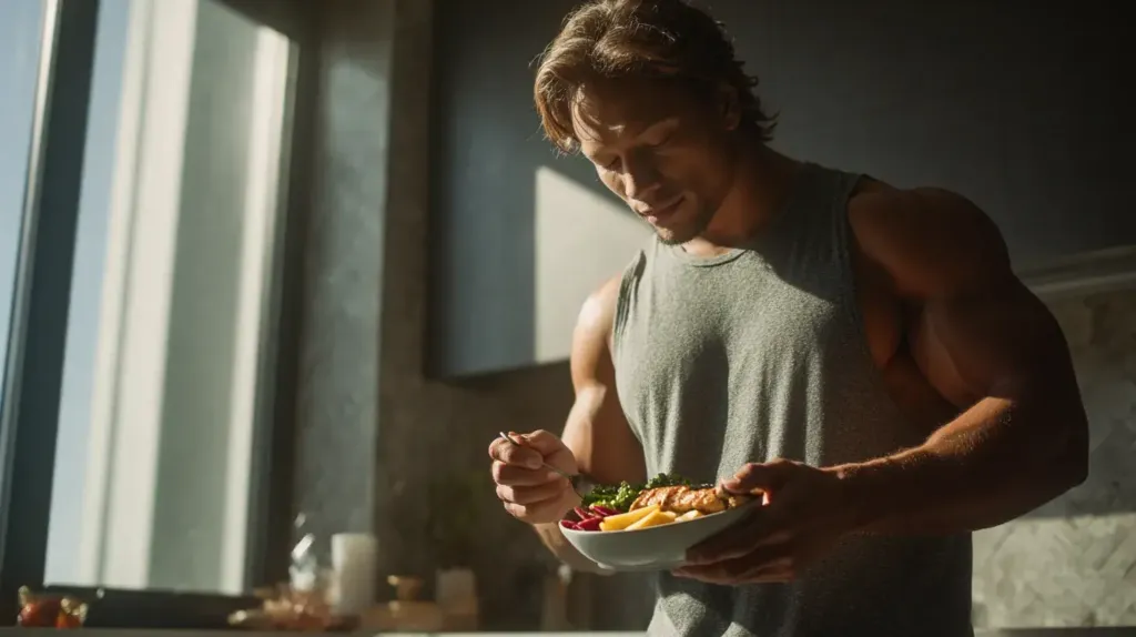 un homme mange dans sa cuisine