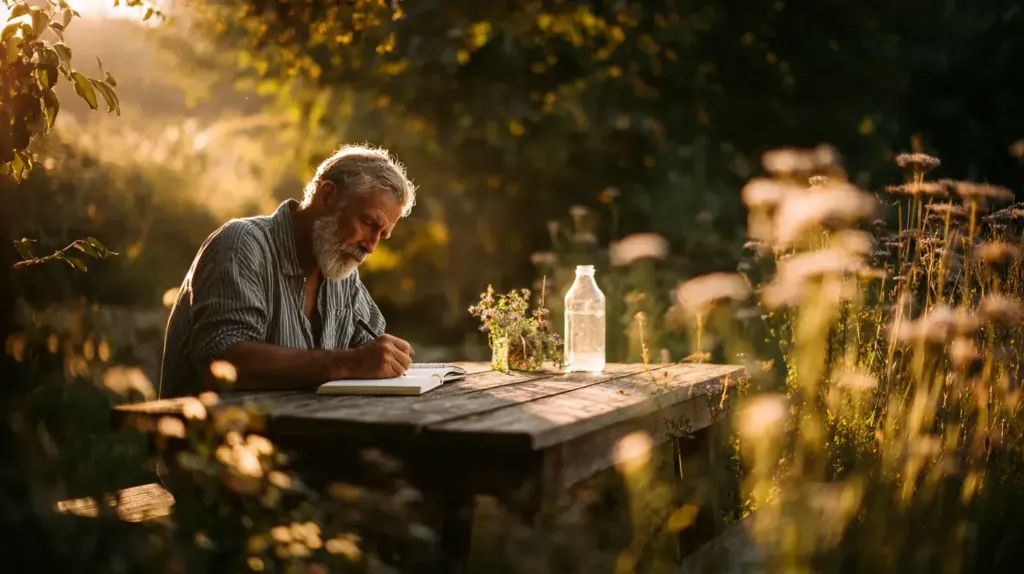 un homme travaille sur une table en bois dans un jardin 