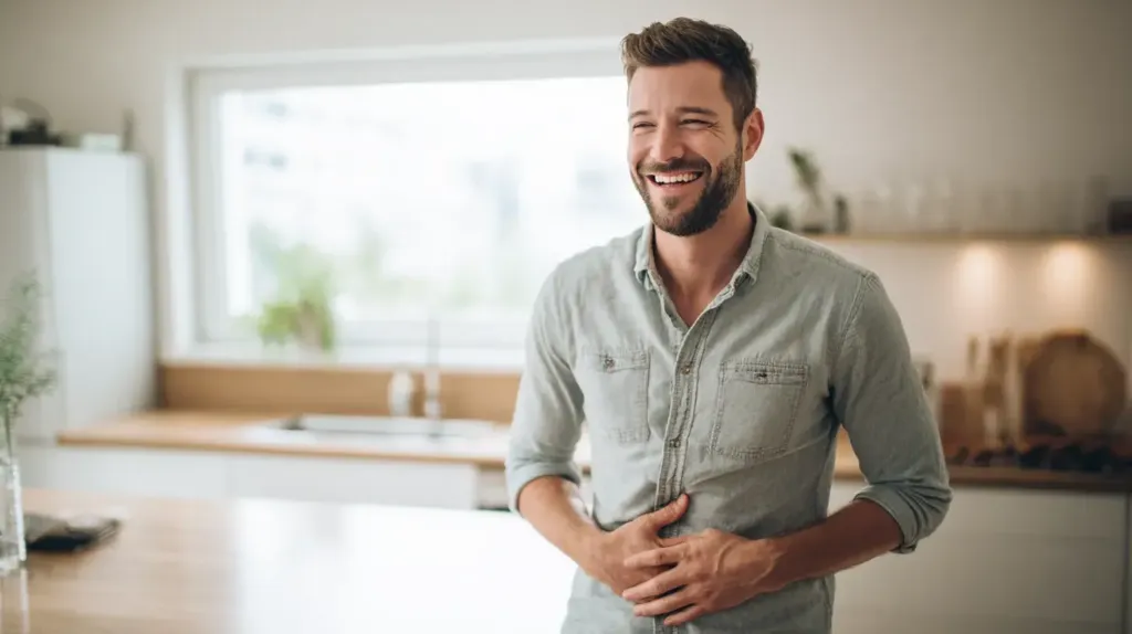 photo d'un homme qui prend du desmodium pour le foie, il se touche le ventre