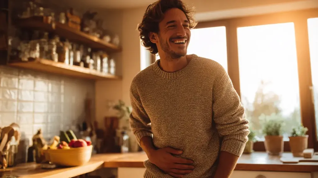 un homme est heureux et digère très bien le griffonia simplicifolia 5-HTP