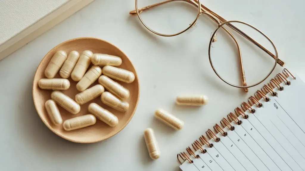 gélules de griffonia sur une table avec des lunettes de vue et un carnet