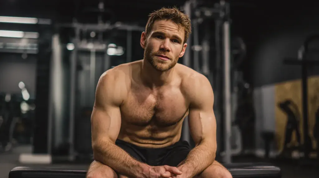 un homme est assis sur un banc de musculation