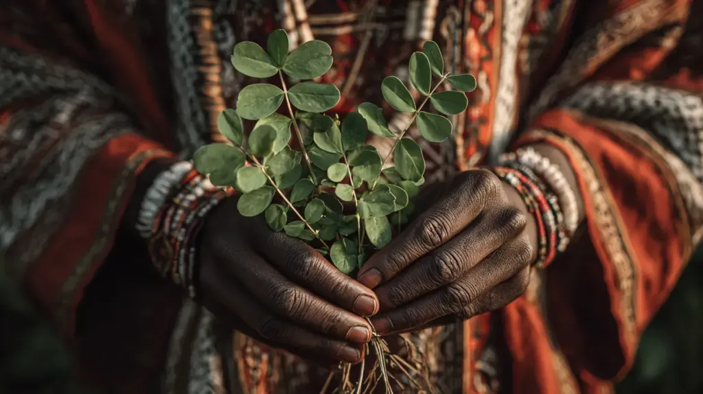 un homme tient des feuilles de desmodium en main 
