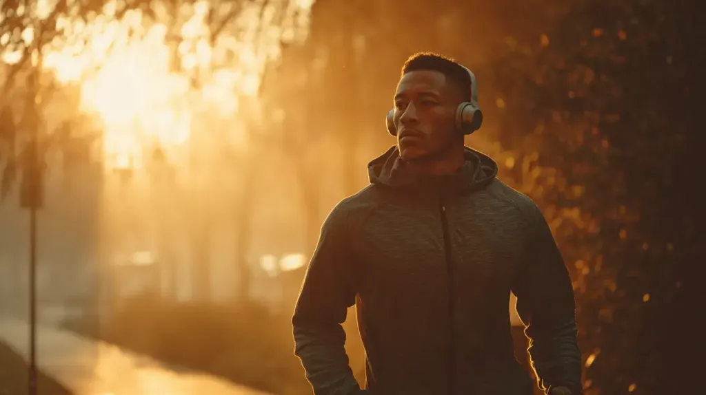 un homme marche dans un parc