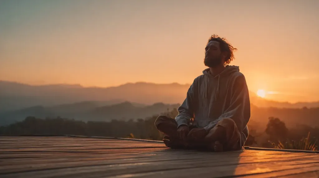 un homme en tailleur médite paisiblement face au soleil couchant