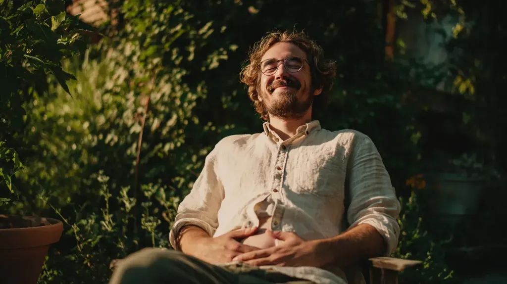 cette image montre un homme en train de digérer dans une chaise de jardin pour parler des effet du desmodium qui favorise la digestion