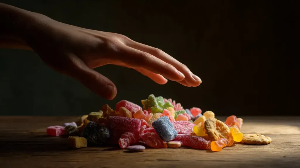une main s'apprête à saisir des bonbons
