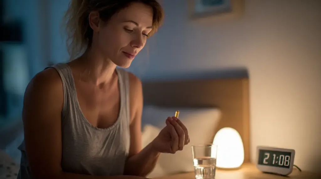 une femme prend une gélule de griffonia au coucher