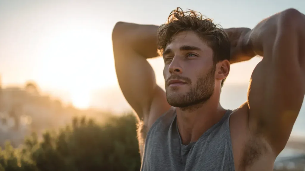 un homme est heureux dans un prés 