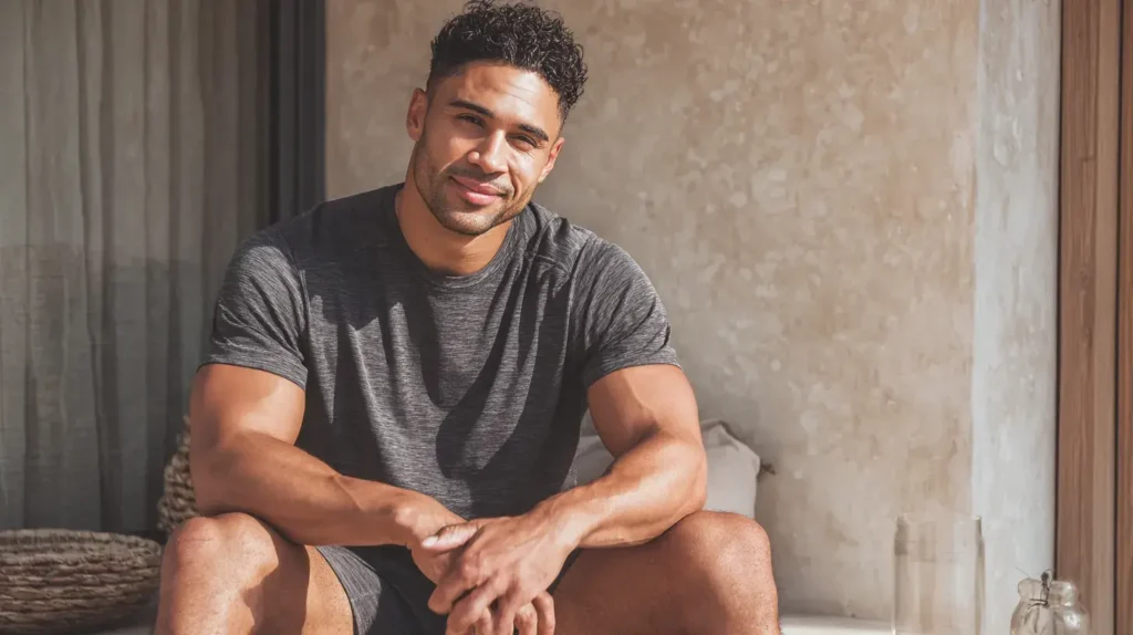 un homme musclé est assis sur un banc 