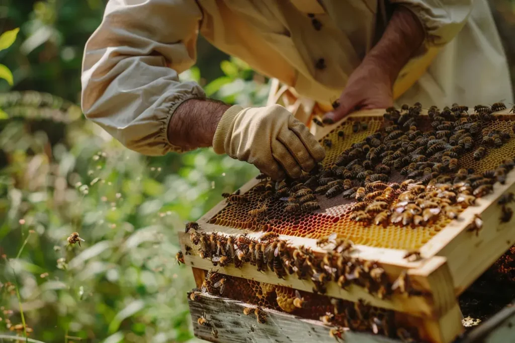 un homme s'occupe d'une ruche