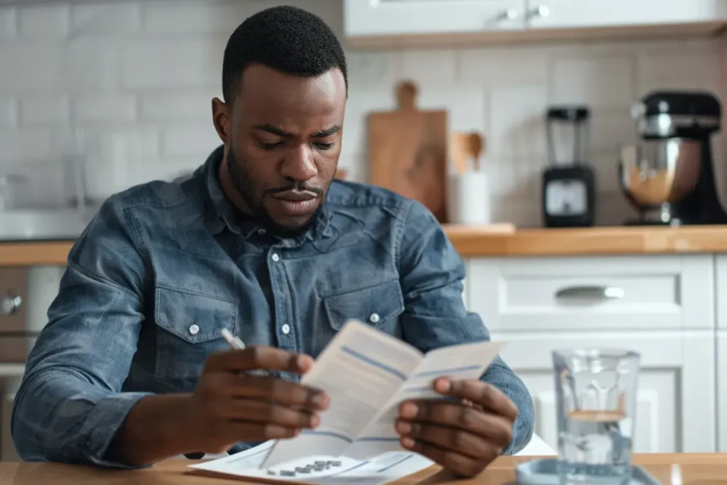 un homme lit la notice du safran en complément alimentaire