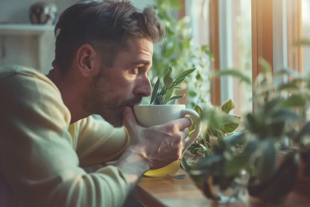 un homme bois une tisane de reine des prés 
