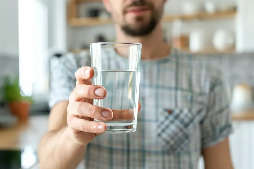 collagène marin comment consommer , homme qui montre comment consommer le complément alimantaire dans un verre d'eau