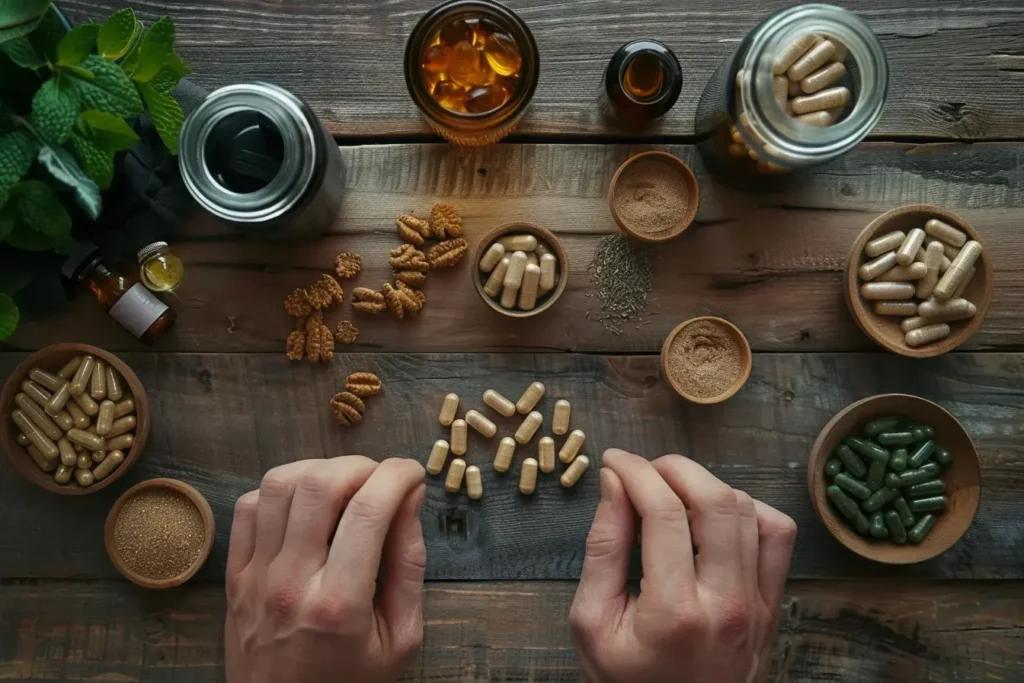 gélules de compléments alimentaires sur une table