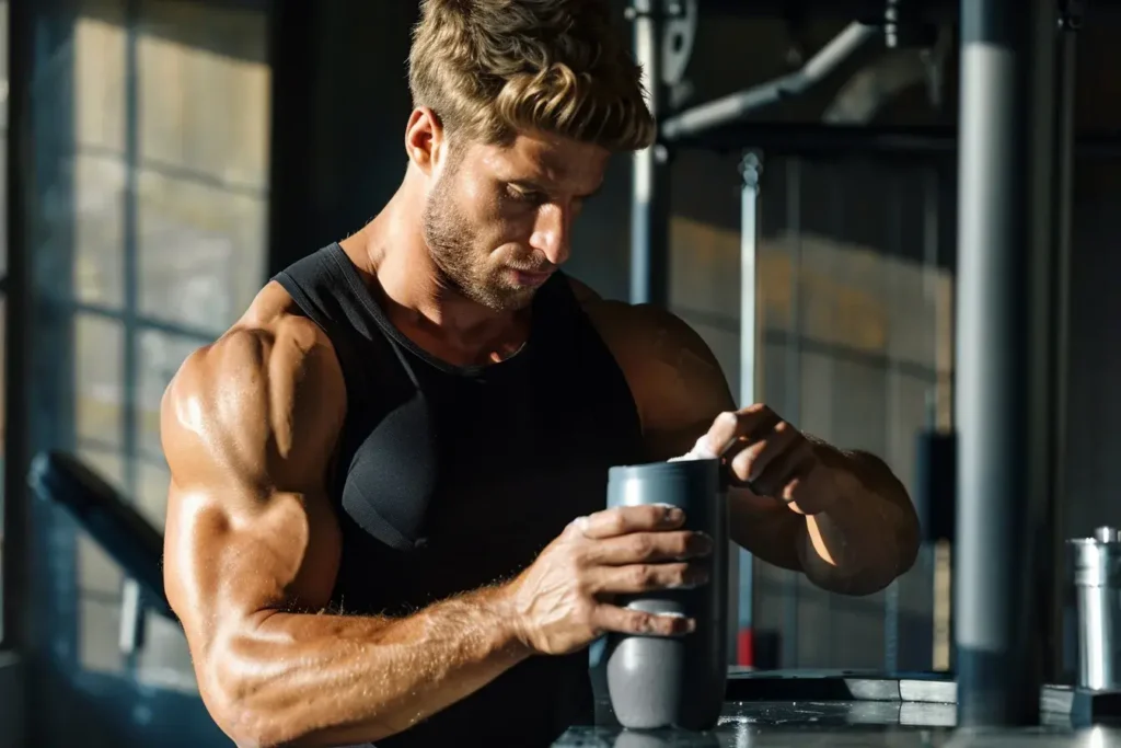 un homme musclé prend du collagène marin pour le sport