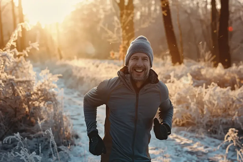 un homme fait du running, il à neigé