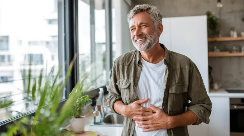 reine des prés protège le foie, l'homme qui avait mal auparavant ne ressent plus de douleurs