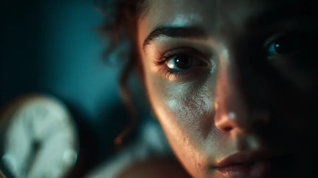 femme stressé regarde la caméra