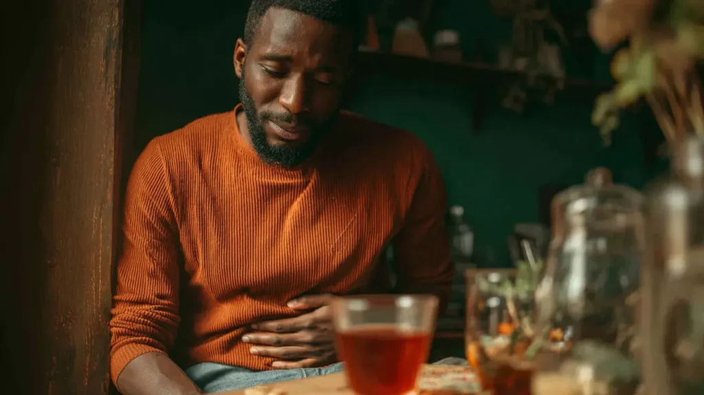 huile d'origan aide la digestion d'un homme qui souffre de douleurs