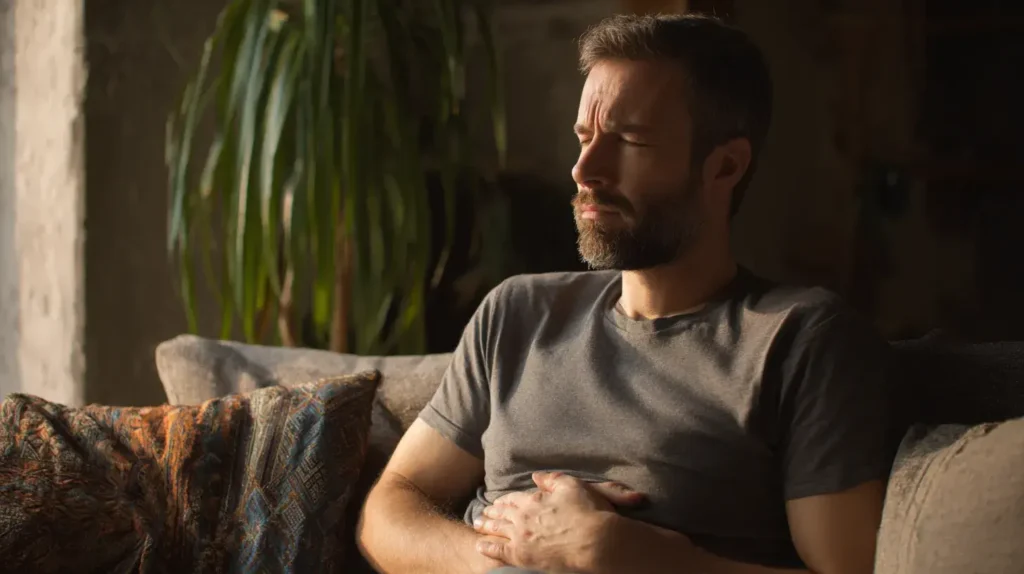 psyllium soulage la constipation, un homme est constipé sur la photo et se sent mieux après avoir pris le complément alimentaire 