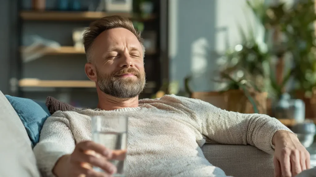 un homme prend du psyllium dans son canapé avec un verre d'eau