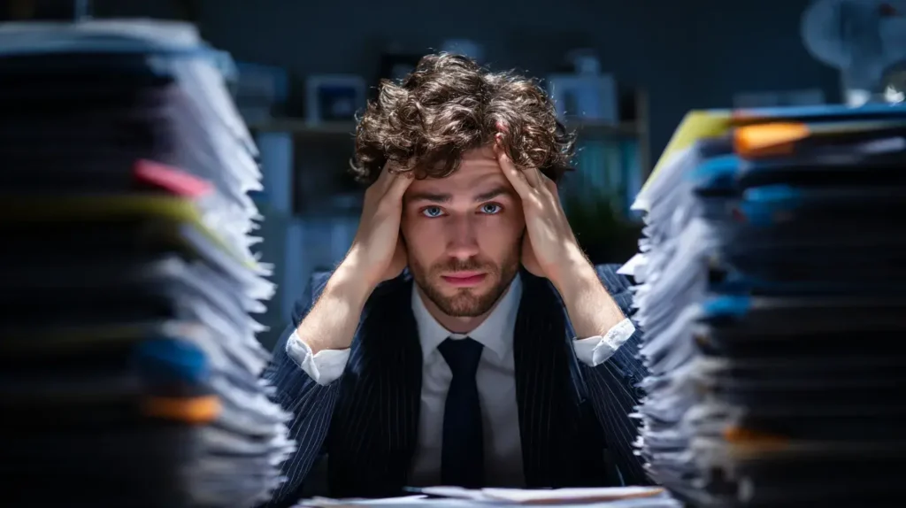 un homme est surchargé de travail