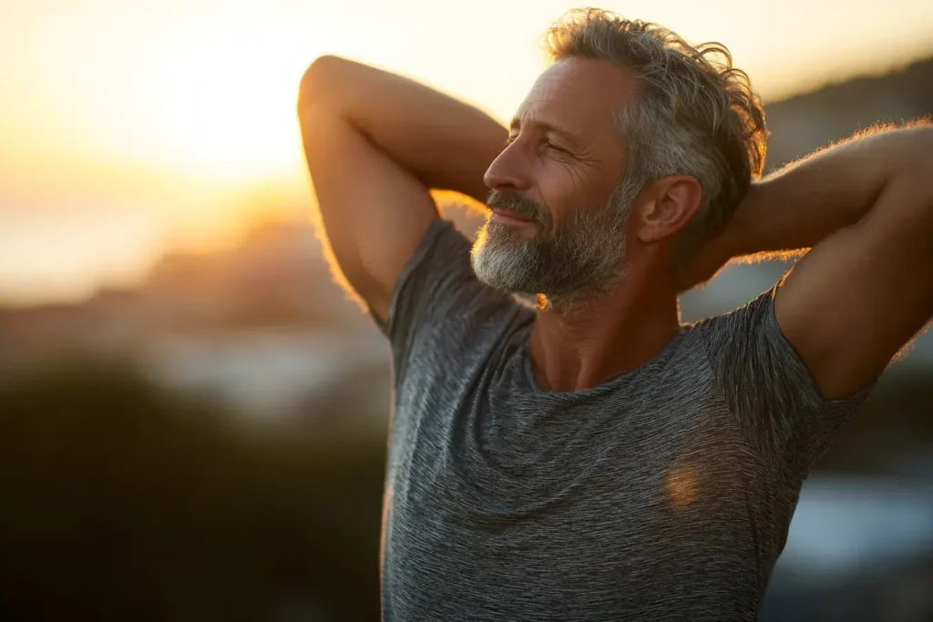 homme heureux s'étire devant couché de soleil 