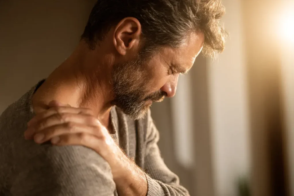 huile d'origan inflammations, l'homme sur la photo souffre de douleurs, il consomme alors le complément alimentaire