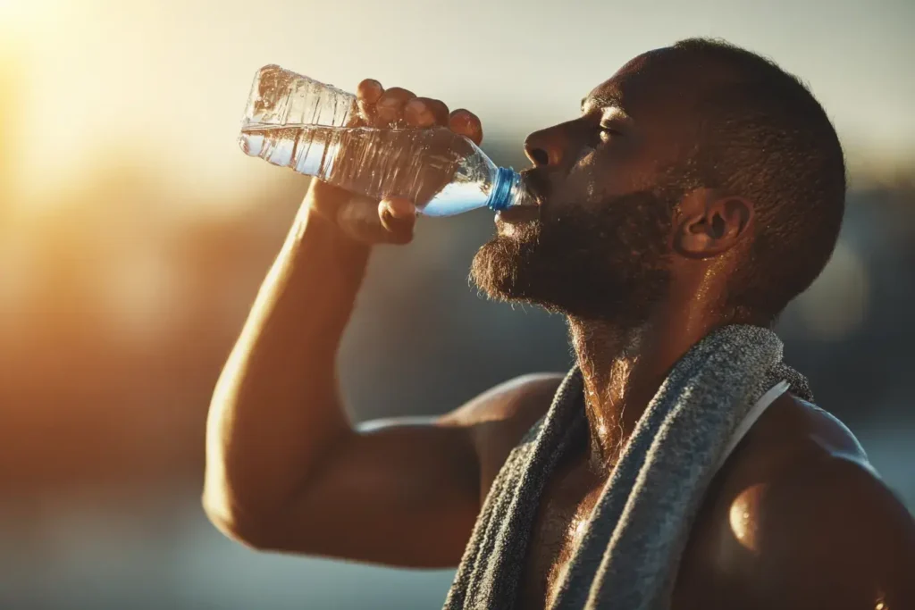 un homme bois de l'eau après sa séance de sport