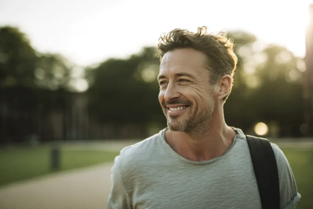 un homme souri dans un parc 