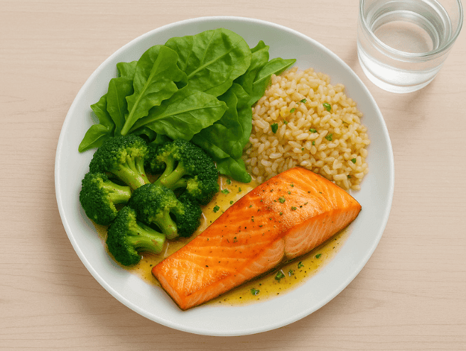 Diner sain : pavé de saumon grillé, riz complet, brocolis et jeunes épinards, sauce légère au citron, avec un verre d’eau.