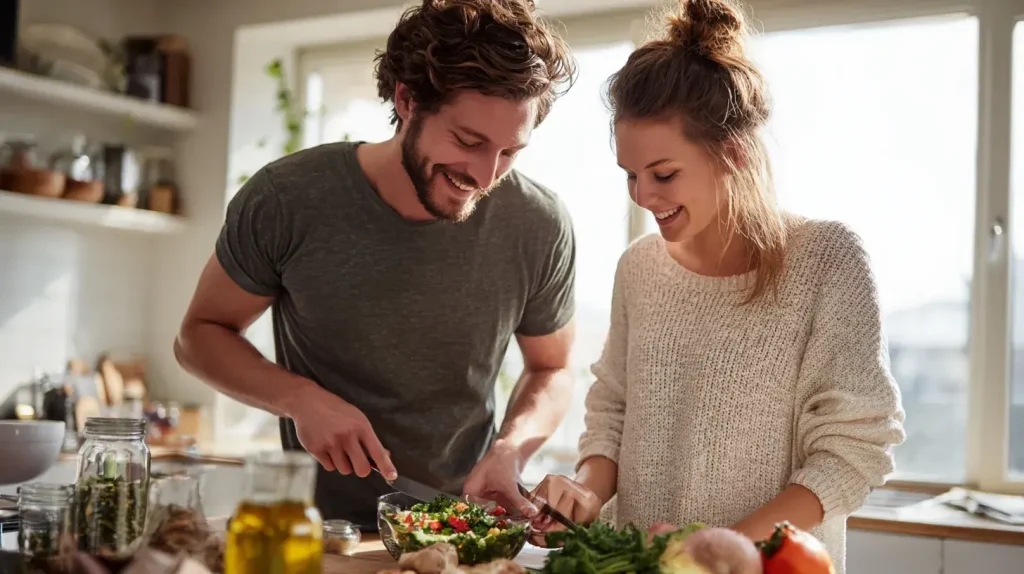 les meilleurs compléments pour la digestion de chez nutriforce consommés par une femme et un homme, ils sont heureux et digèrent mieux