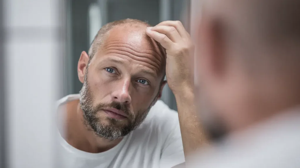 un homme avec une calvitie se regarde dans la glace