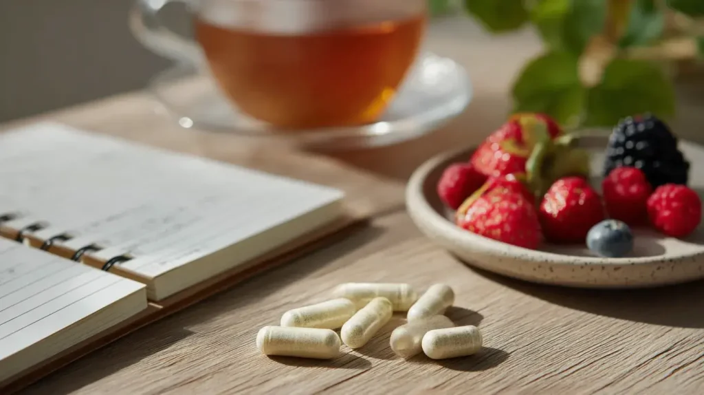 compléments alimentaire dépression posées sur une table en bois