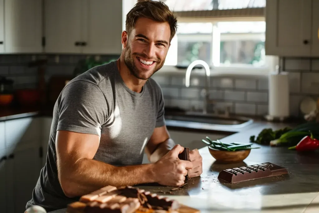 un homme se retient de manger du chocolat et consommé les compléments sérotonine et humeur pour se sentir bien 