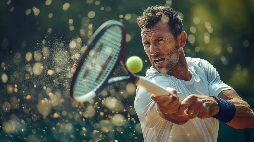 joueur de tennis avec une inflammation qui joue au tennis et qui consomme du boswelia serrata et du collagène marin pour apaiser ses inflammations articulaires  