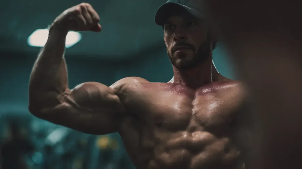 compléments alimentaires pour la prise de masse, homme musclé qui montre ses bras grâce au pack prise de masse