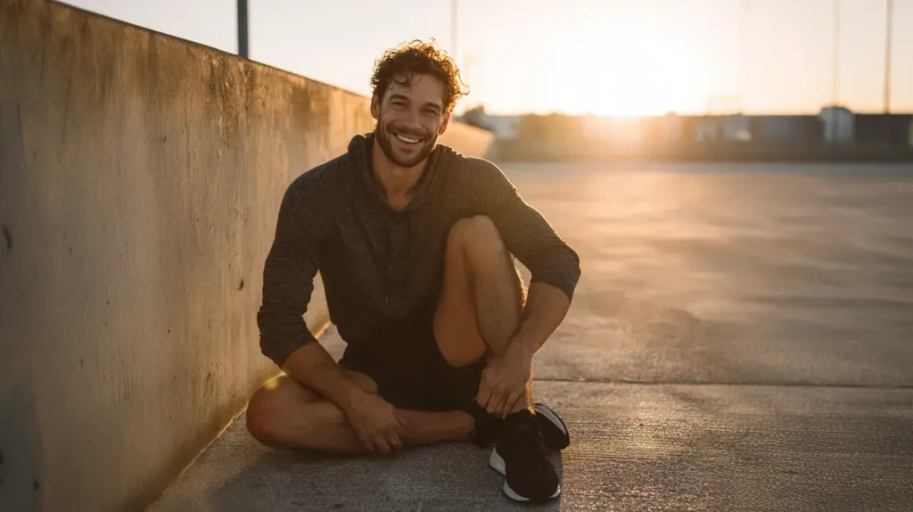 Homme assis par terre qui est heureux, ses émotions sont stabilisées grâce au pack bien-être