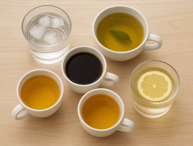 Boissons recommandées : eau (avec glaçons), café noir, thés/infusions et eau citronnée, servis en tasses blanches sur table en bois clair.