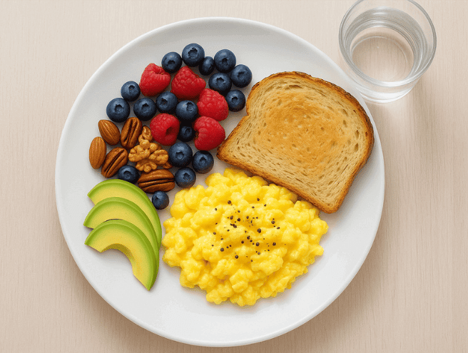 Petit-déjeuner protéiné : œufs brouillés, toast grillé, fruits rouges (framboises et myrtilles), mélange de noix et tranches d’avocat, verre d’eau.