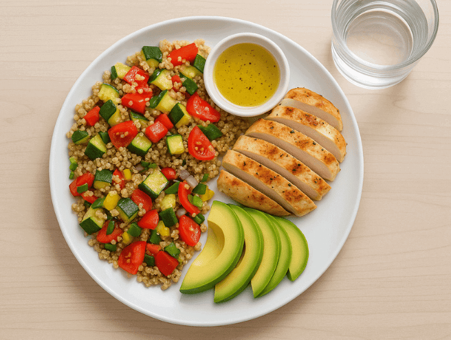 Assiette équilibrée : blanc de poulet grillé tranché, salade de quinoa aux légumes, lamelles d’avocat, petite vinaigrette et verre d’eau.