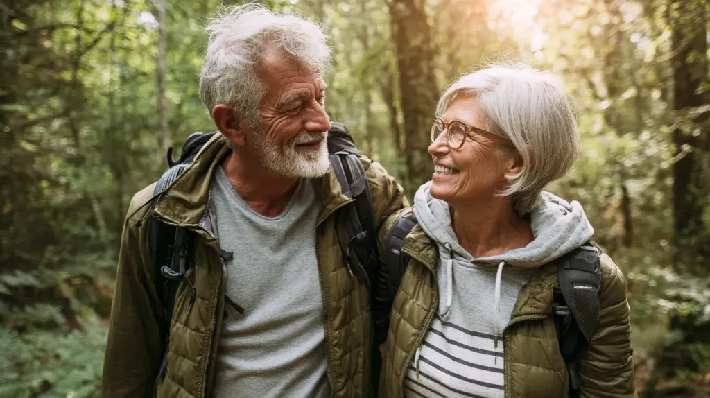 un couple fait de la randonné en forêt