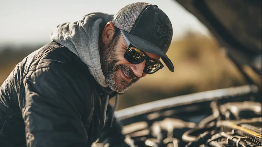 homme heureux qui répare sa voiture